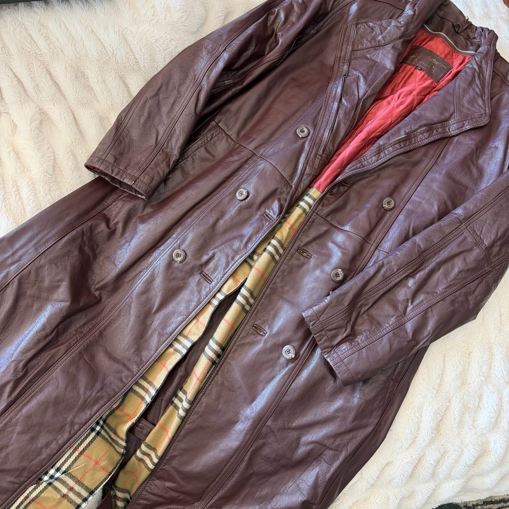 Vintage Genuine Leather Trench Coat Size 38 Golden Collection Raffaelo Burgundy